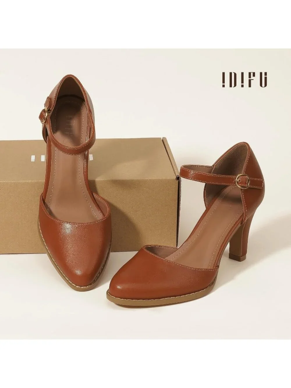 Women's Brown Pu Closed Toe Chunky High Heel Comfortable Party Dress Pumps Shoes